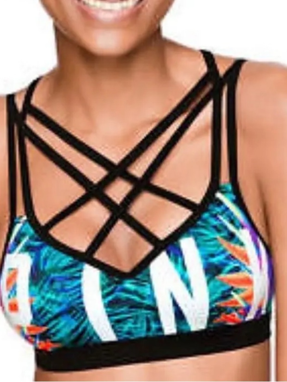 🍇🍓🍒 Victoria secret Tropical Print Strappy Black Sports Tank